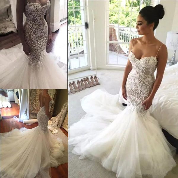 

2017 mermaid wedding dresses spaghetti straps lace sweetheart backless bridal gowns tulle trumpet court train vestidos de novia ba7311, White