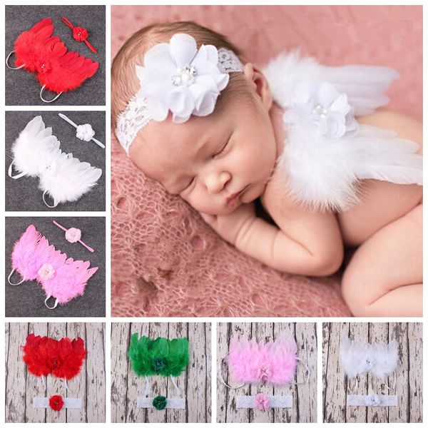 10Set Angel Wings Feather Wings Baby Girl Flower Flower Lace Accessori per capelli per la fascia per la fascia per i neonati Banda Testa Costume Foto Prop YM6119