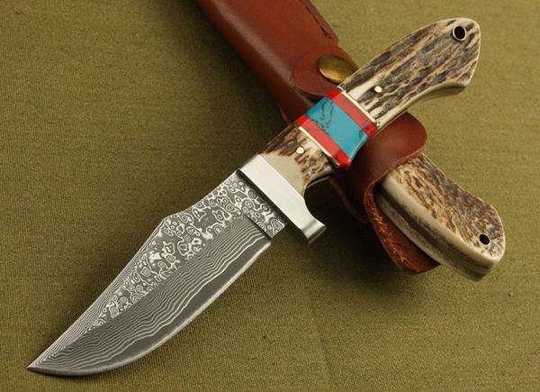 Collection's Edition Damascus Сталь Прямой Нож Ролл Ручка Открытый Выживание Охотничьи Ножки Ножи с Кожаной Около