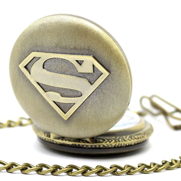 

wholesale 100pcs/lot black classic superman watch vintage pocket watch necklace men women antique models tuo table watch pw030, Slivery;golden