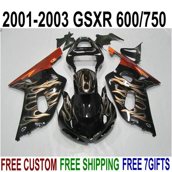 Karosserie-Verkleidungsset für Suzuki GSXR600 GSXR750 2001–2003 K1 Bodykits 01 02 03 GSX-R 600 750 braune Flammen in schwarzem Verkleidungsset XA74