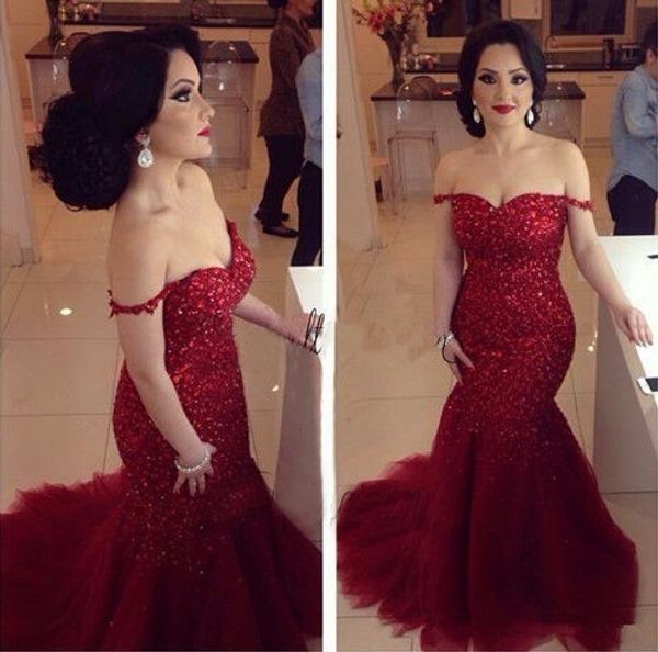 

2016 dark red mermaid evening dresses off the shoulder lace beaded crystal pageant prom gowns vestidos de noiva tulle arabic dress, Black;red