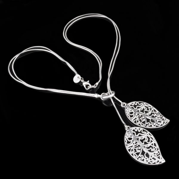 

promoti925 silver chain necklace christmas fashion 925 silver 2 leaves necklace jewelry 1357
