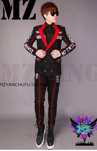 

male singer nightclub fashion runway looks red and black letter matching double-breasted grinding a mao suit costumes. s - 6 xl, Black;red