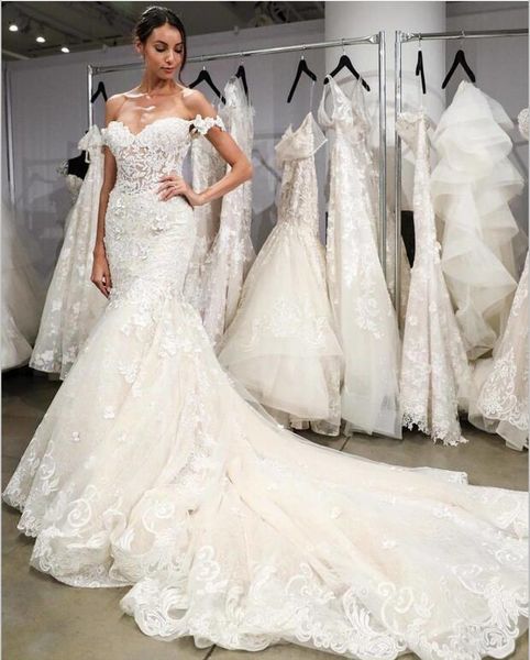 

gorgeous mermaid wedding dresses lace applique off shoulder country elegant bridal gowns beach sweep train wedding dresses robe de mariÃ©e, White