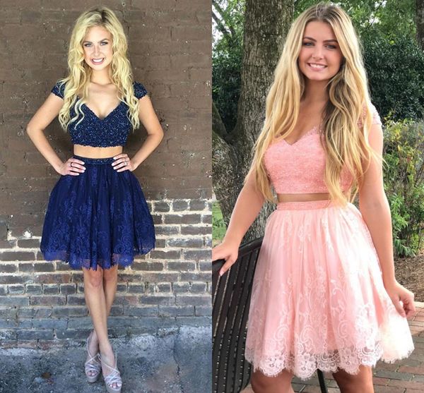 

2018 navy blue 2 piece short evening prom dresses v neck with sleeves lace skirt a line beaded bodice homecoming cocktail dress gowns, Black;red