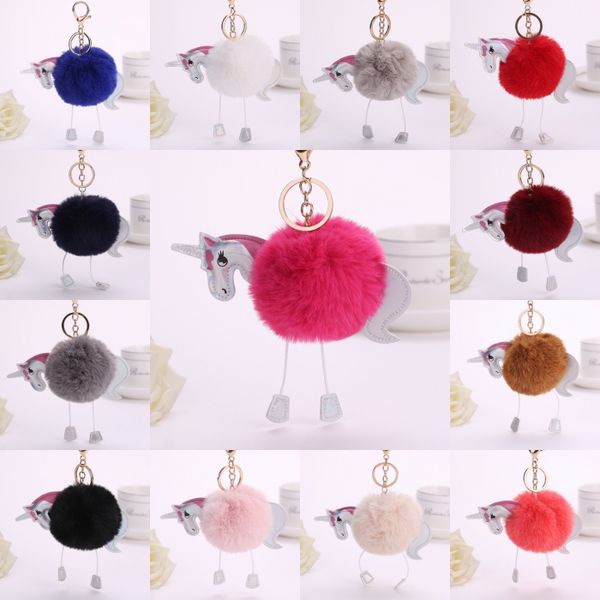 

Newest Unicorn Key Chain Pendant Women Imitation Rex rabbit fur Keyring Bag Car Hang Jewelry Girl Key Ring Women Keychain D174Q