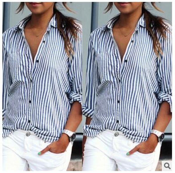 

blusas femininas 2017 spring women blouses fashion long sleeve lapel striped shirt loose casual ol work plus size xs-5xl, White