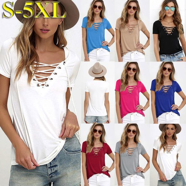 

15pcs Sexy Ladies V-Neck Lace Up Jumper Tops Womens V-Neckline Blouse T-Shirt Short Sleeve Pullover Casual Shirt Basic Tee
