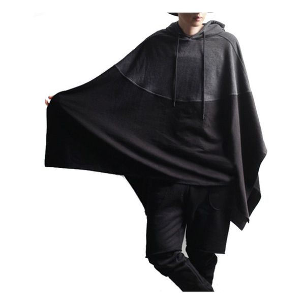 

wholesale- winter mens poncho hoodie irregular color stitch splice casual hooded sweatshirt jumper pullover mantle cloak coat party wear, Black