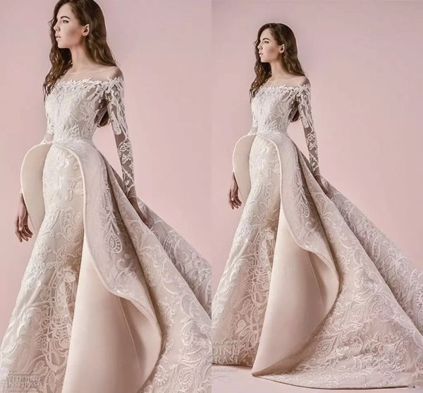 

Saiid Kobeisy Luxury Applique Overskirt Русалка Свадебные платья с длинным рукавом прозрачным вырезом Дубай Арабский собор Свадебное платье