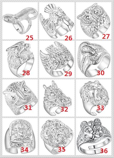 

2018 fashion mix 12 style 12pcs plated 925 sterling silver animal ring eagle lion owl loong wolf snake can be adjusted opening ring