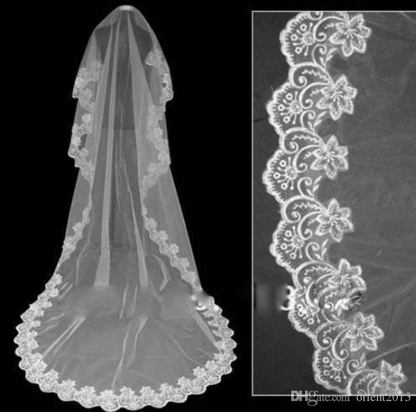 Günstiger Exquisit Langer Netting-Brautschleier, einlagig, mit Spitze, Rand bestickt, Kathedralenlänge, Tüll-Brautschleier, Hochzeitszubehör