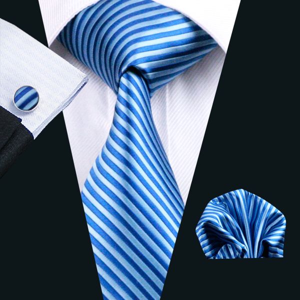 

Mens Tie Pocket Square Cufflinks Blue Stripe Set 8.5cm Width Meeting Business Casual Party Necktie Jacquard Woven N-1204