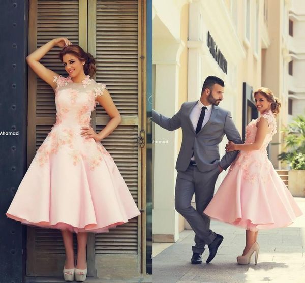 Glamorous rosa curto vestidos de baile robe de soiree courte árabes duabi festa vestido de noite com flores retrato tea length vestidos formatura