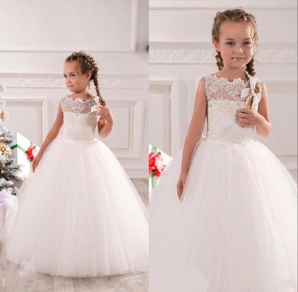 Ivory Primeira Comunhão Branca Conceito Concurso Tule Tule Tulle Vestido Longo Flores Vestidos de Meninas BO