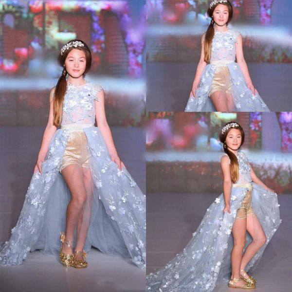 

dusty blue overskirts girls pageant gowns see through with flora appliques flower girl dresses for wedding tulle sweep train baby dress, White;blue