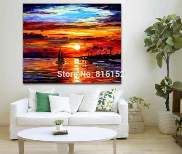 Acheter Coucher Du Soleil Paysage Marin Voile Bateau Palette Couteau Peinture Huile Sur Toile Prints Mur Art Photo Pour Bureau Accueil Salon