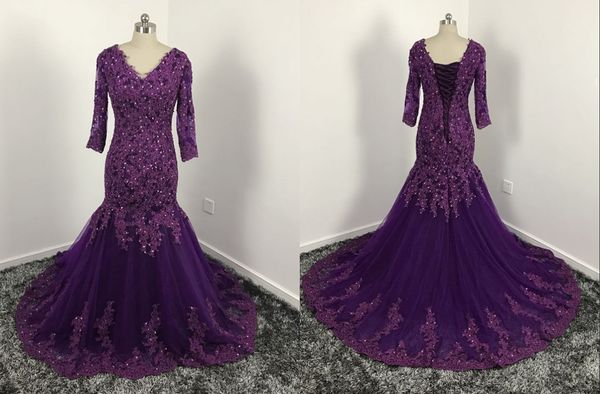 

vintage v neck evening party dresses with sleeves applique beaded 2018 real ps corset back mermaid designer prom formal dresses, Black;red