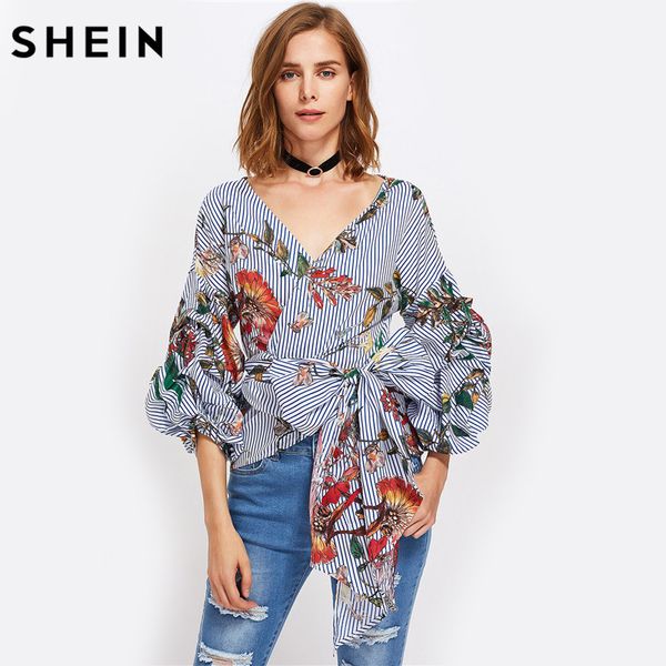 

wholesale- shein gathered sleeve mixed print surplice wrap three quarter length puff sleeve v neck striped floral blouse, White