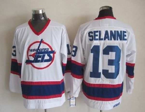 

men winnipeg jets ice hockey jerseys 13 teemu selanne blue white retro vintage ccm stitched jerseys mix order, Black;red