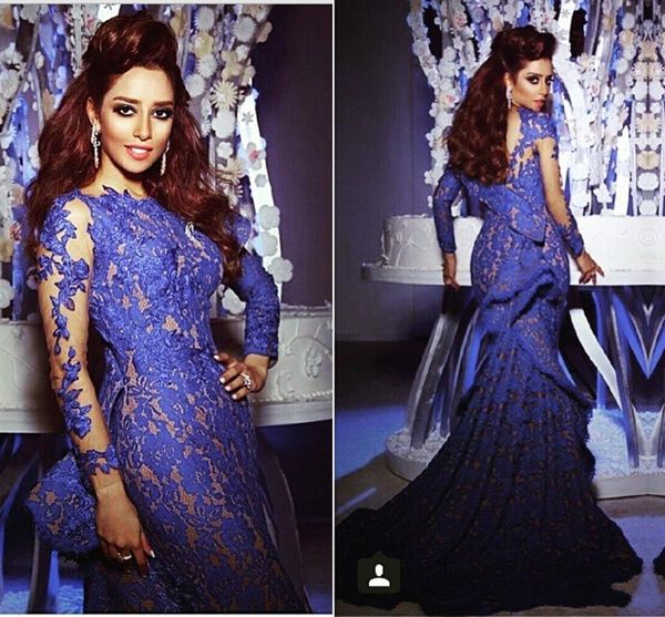 

royal blue lace dresses evening wear custom made draped ruffles mermaid evening dresses sleeves myriam fares celebrity formal gowns 2015, Black;red
