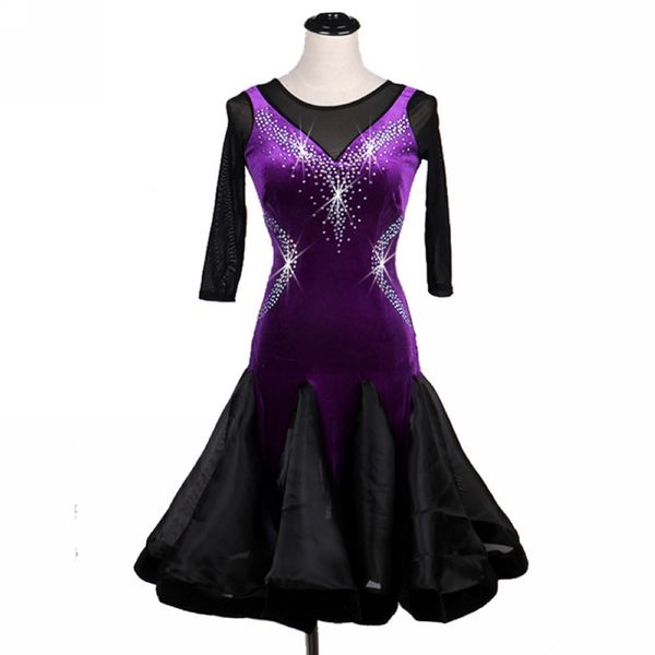 

velvet latin dance dress women girls latin salsa dance competition dresses samba costumes d0203 mesh sleeve big hem, Black;red