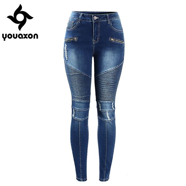 

wholesale-2077 youaxon women`s motorcycle biker zip mid high waist stretch skinny pants motor jeans for women, Blue