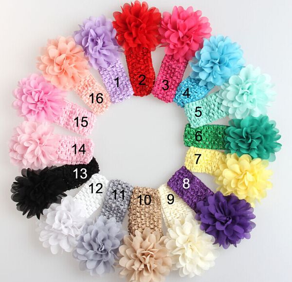 

50 pcs baby headwear head flower hair accessories 4 inch chiffon flower with soft elastic crochet headbands stretchy hair band gz7409, Slivery;white
