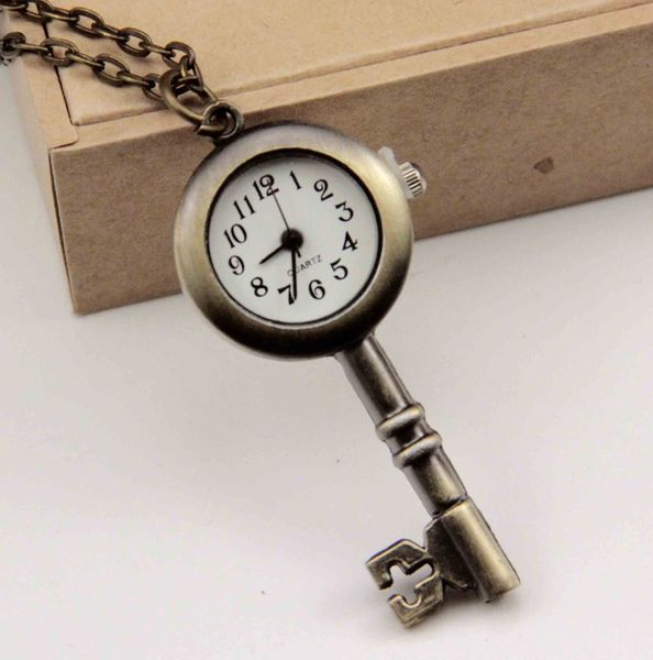 Mais novos bolsos de estudante de moda relógio de aço inoxidável chaves bonitos relógios antiquários de bronze chave padrão bolso colar rang pingente para mulheres homem