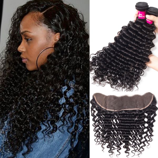 

brazilian human hair deep wave 3 bundles with lace frontal ear to ear closure 100% unprocessed brazilian peruvian malaysian indian hair, Black;brown