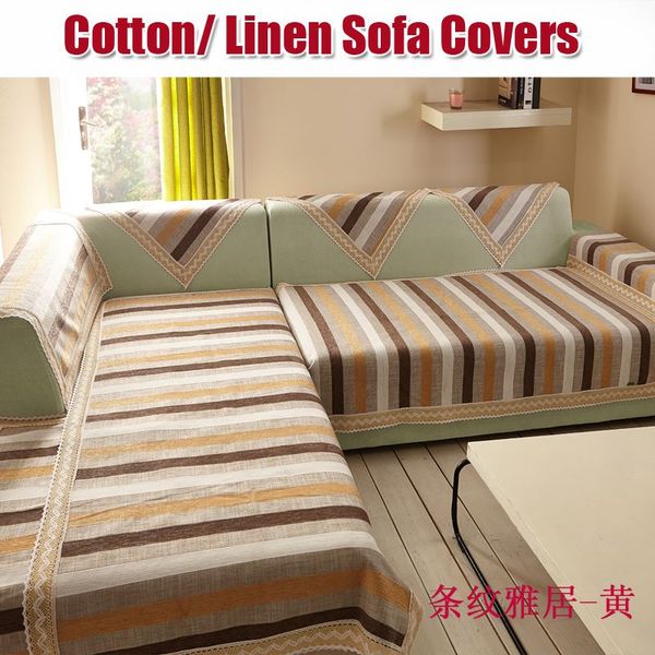 Cotton Linen Sofa Covers L Shape Slip Cover Cuir Couch Corner Beige Striped Fabric For Sofas Chair Sashes Banquet