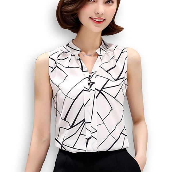 

wholesale- new 2016 summer chiffon blouse shirt women printed sleeveless white blouses shirts female office