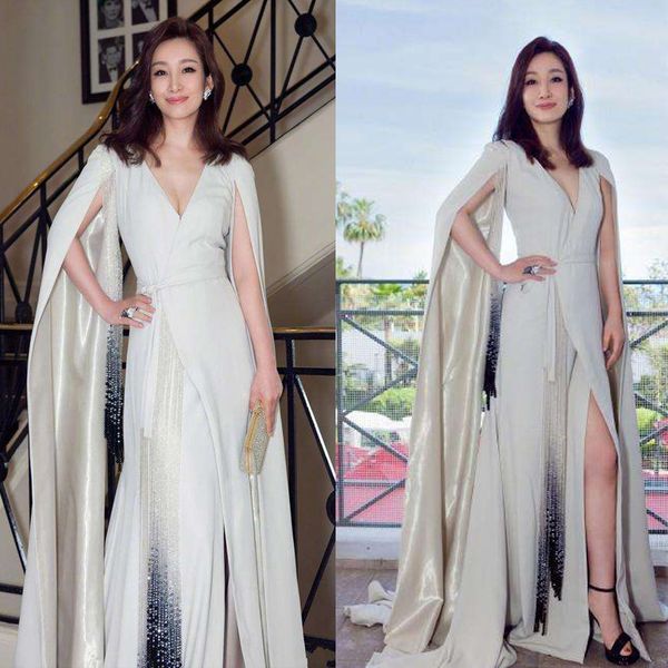

elegant split sleeve formal evening dresses with tassels v-neck belt a line prom dresses sweep train red carpet dress, Black
