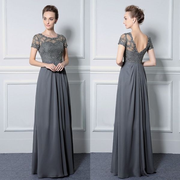 

short sleeve long mother of the bride dresses floor length grey lace applique jewel neck plus size formal dress mother's gown evening g, Black;red