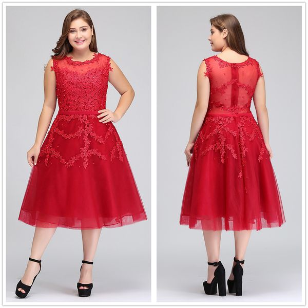 Imagem Real Plus Size Red Lace Curto Vestidos de Cocktail Tulle Lace Frisada Na Altura Do Joelho A Linha Formal Partido Vestidos de Noite CPS298