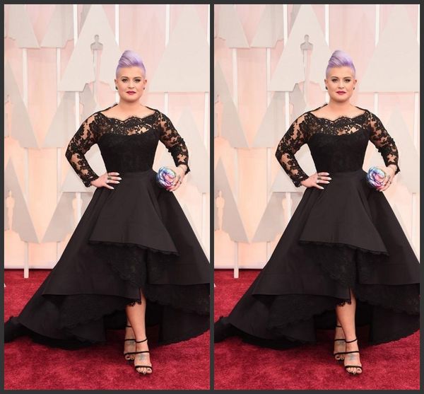 

2018 new long formal dresses oscar kelly osbourne celebrity black lace high low red carpet sheer evening dresses ruffles party gowns 428, Black;red
