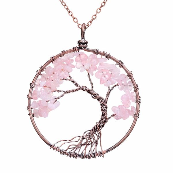 U Angela Tree of Life Gemstone Pendant Necklace Amethyst Rose Crystal Chakra Jewelry
