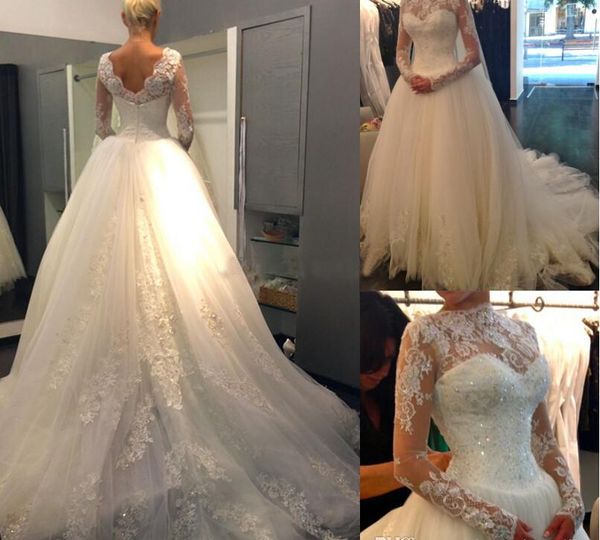 

высокая шея sheer кружева свадебные платья империя принцесса с длинными рукавами свадебные платья с блестками аппликации тюль роскошные свад, White