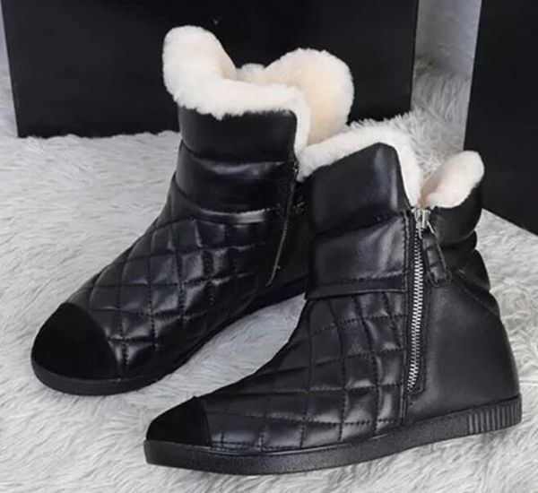 

women winter genuine leather boots fashion brand plush ladies warm soft stitching suede lattice lamb fur snow boots, Black