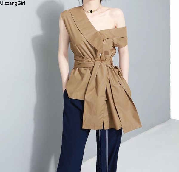 

women's blouses & shirts one off shoulder button asymmetry elegant waist belt sashes bow loose slim shirt women fashion blouse vint, White