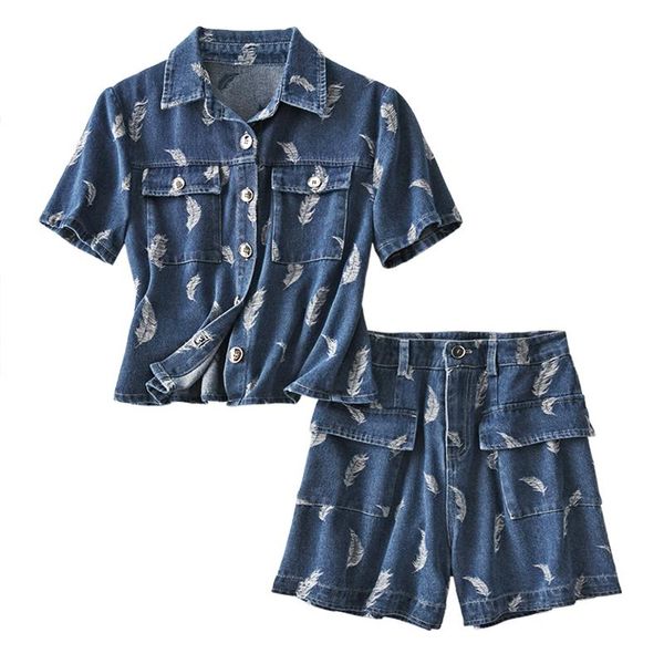 

women's tracksuits shuchan 100% cotton denim suit crop shorts women embroidery streetwear summer fashion designer 2 piece set, Gray