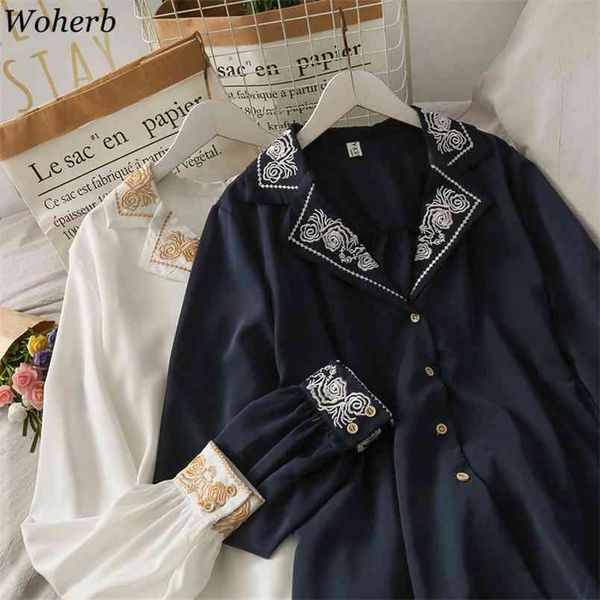 

chic chiffon blouse women flower embroidery vintage shirts causal long sleeve blouses spring summer blusas mujer 210519, White