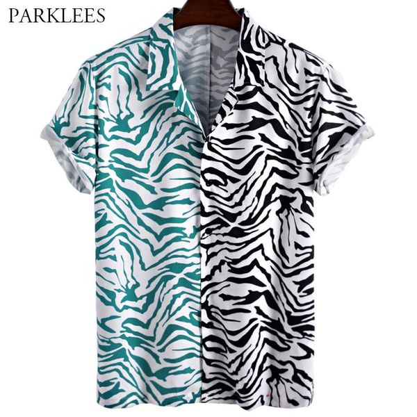 

patchwork leopard printed mens shirt 2021 fashion casual summer shirts for men button up loose chemise homme daily streetwear men's, White;black