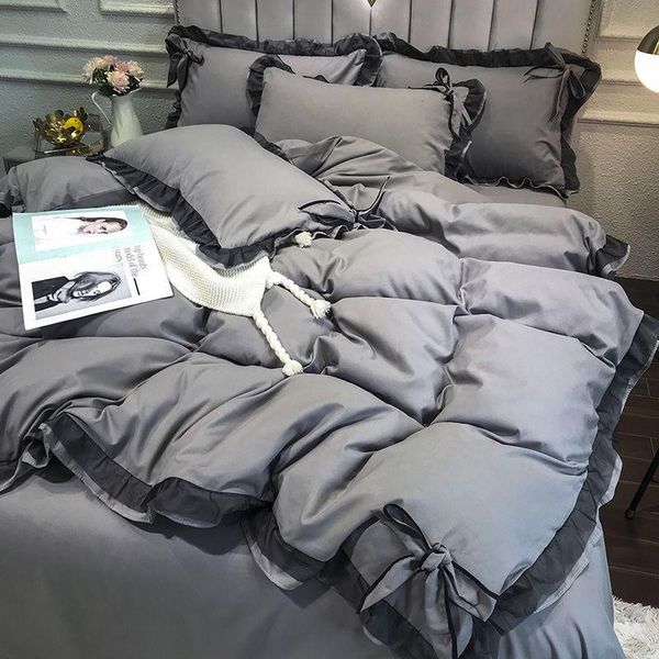 

bedding sets lace comforter gray bow bed linen 220x240cm duvet cover 4pcs