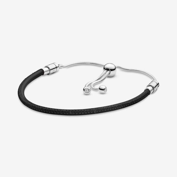 

genuine 925 sterling silver black leather slider bracelet chain classic round clasp fashion women wedding engagement jewelry accessories, Golden;silver