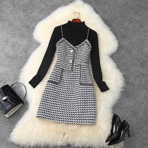 

casual dresses fall autumn long sleeve round neck black knitted + spaghetti strap houndstooth panelled short dress two piece 2 set lo2211454, Black;gray