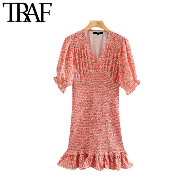 TRAF Kadınlar Chic Moda Çiçek Baskı Elastik Smocked Mini Kılıf Elbise Vintage V Boyun Ruffled Kadın Elbiseler Vestidos 210415