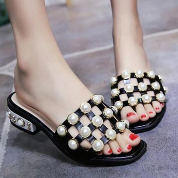 

slippers women summer beach flip flops sandals pearl fashion ladies low heel shoes xx44, Black