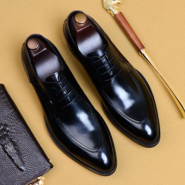 

dress shoes pointed toe laces business genuine leather men derby wedding england trendy daily office work big yards, Black